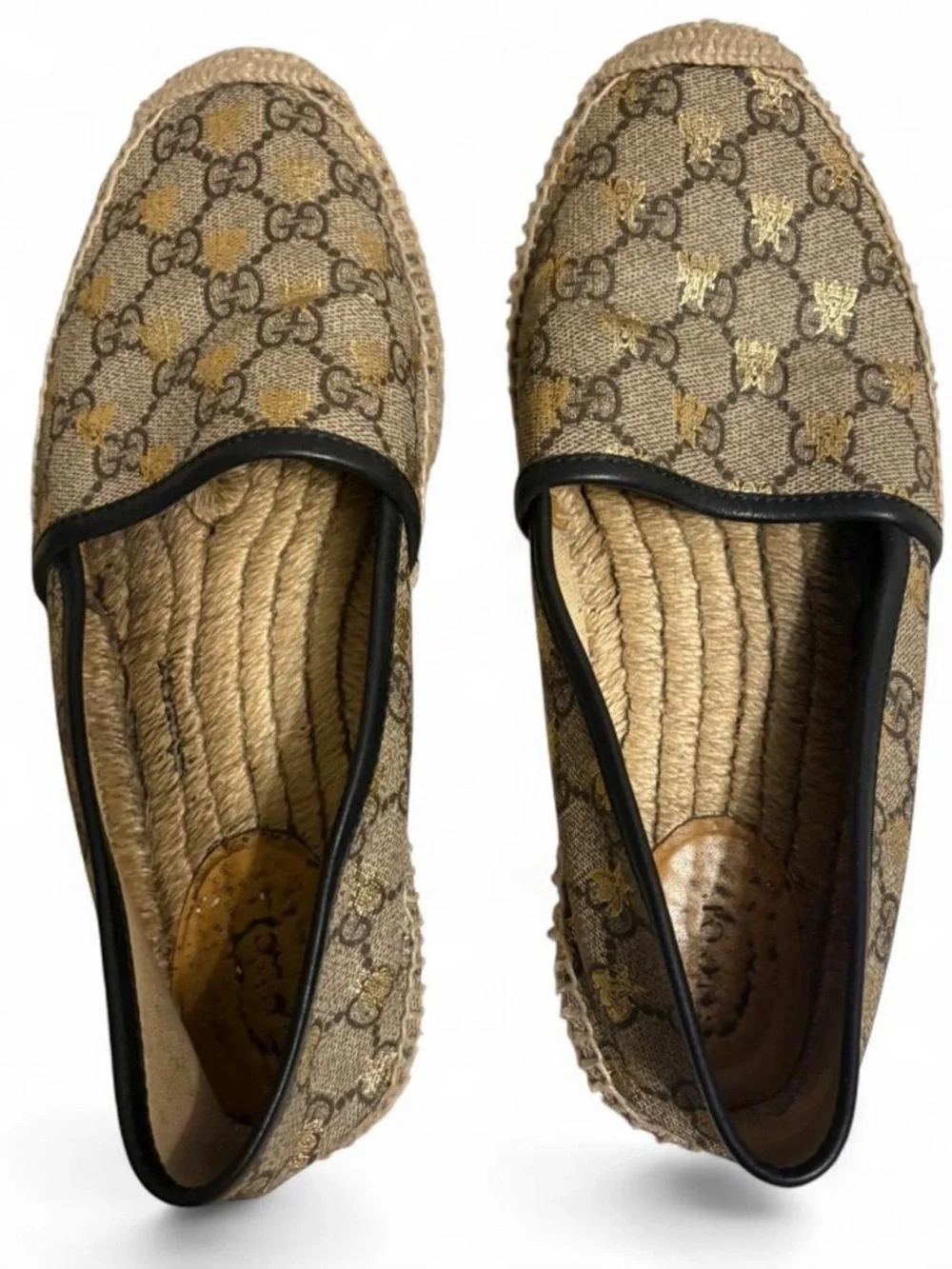 Gucci Brown & Black Monogram Espadrille Flats with Gold Bee Detail